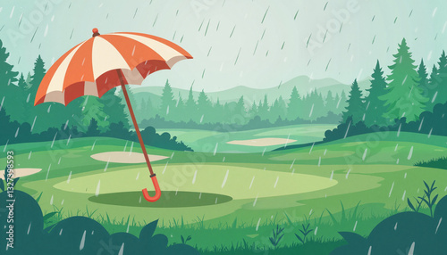Large golf umbrella on rainy golf course, weather resilience, copy space