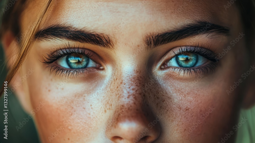 Fototapeta premium Close-up of captivating blue eyes with freckles on fair skin, showcasing intricate details and inviting gaze.