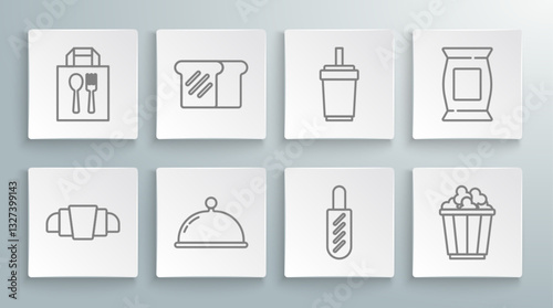 Set line Croissant, Bread toast, Covered with tray, Hotdog sandwich, Popcorn in box, Paper glass straw, Bag packet potato chips and Online ordering delivery icon. Vector
