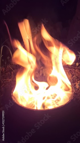 Small Flame, A small torch flame or a compact campfire burns brightly, its flickering light casting warm glows against the darkness. The vivid flames dance and twist, isolated against a deep black.