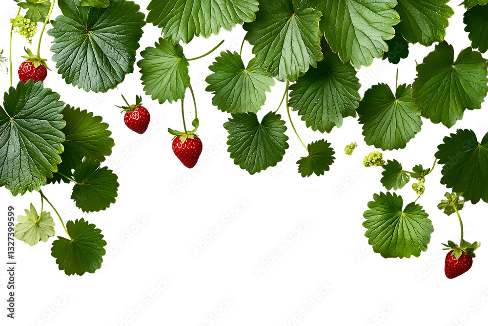 Vibrant Strawberry Vines & Leaves Border on White Vibrant Strawberry Vines & Leaves Border on White