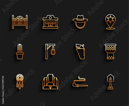 Set line Dream catcher with feathers, Gold bars, Saloon door, Smoking pipe, Shovel, Gallows, Drum and Revolver gun holster icon. Vector