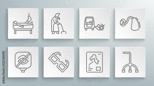 Set line Blindness, Grandmother, Eyeglasses, X-ray shots, Walking stick cane, Disabled car, Hearing aid and Patient with broken leg icon. Vector