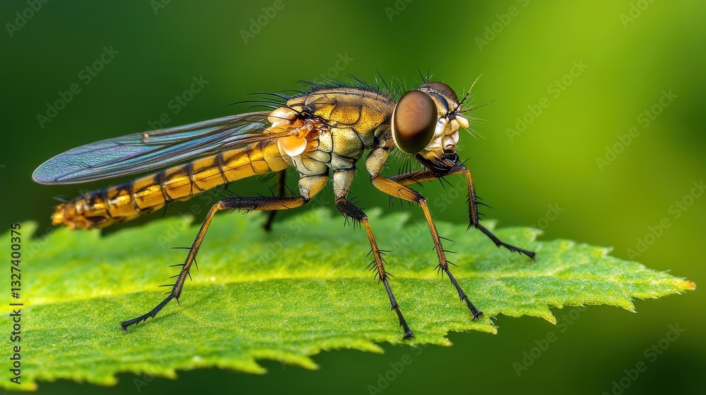 Macro photography of a snipe fly resting on a green leaf with sharp details and vibrant colors Macro photography of a snipe fly resting on a green leaf with sharp details and vibrant colors