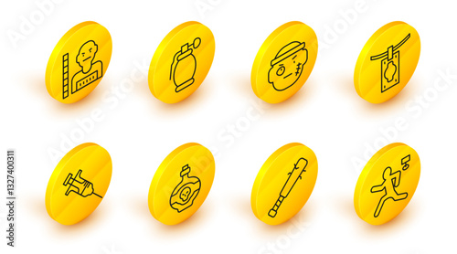 Set line Murder, Baseball bat with nails, Poison in bottle, Syringe, Money laundering, Bandit, Hand grenade and Suspect criminal icon. Vector