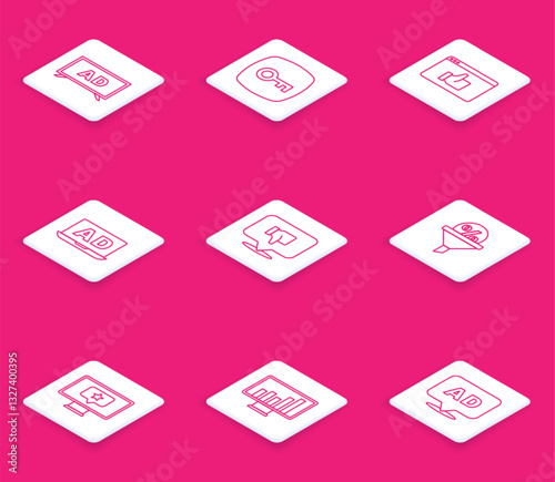 Set line Advertising, Key, Customer product rating, Dislike speech bubble, Lead management, Monitor with star and graph chart icon. Vector