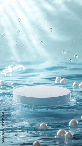 Underwater Round Podium with Clear Blue Water, Floating Pearls, and Soft Sunrays. Copy space. Generative AI