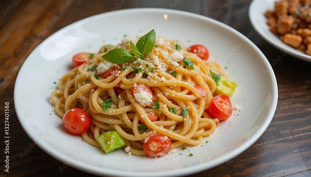 Delicious pasta dish with cherry tomatoes, basil, and parmesan cheese on a white plate Delicious pasta dish with cherry tomatoes, basil, and parmesan cheese on a white plate