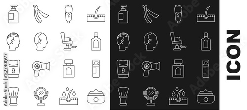 Set line Gel or wax for hair styling, Shaving gel foam, Bottle of shampoo, Electric razor blade, Baldness, Hairstyle men, and Barbershop chair icon. Vector