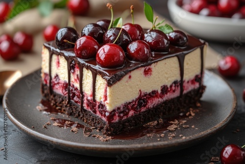 Decadent cherry dessert with chocolate drizzle served on a ceramic plate Close-up photo