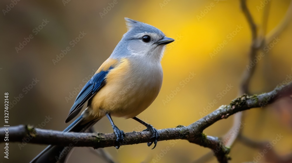 Elegant Tufted Titmouse Perched on a Mossy Branch in Natural Light Elegant Tufted Titmouse Perched on a Mossy Branch in Natural Light