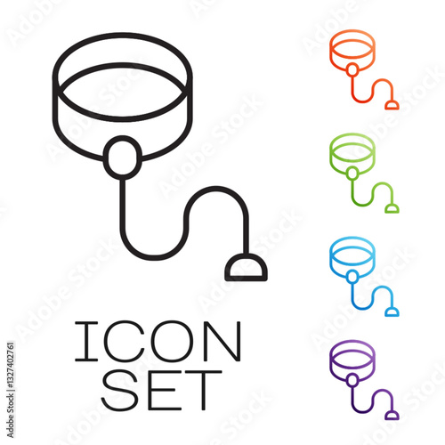 Black line Retractable cord leash with carabiner icon isolated on white background. Pet dog lead. Animal accessory for outdoors walk. Set icons colorful. Vector