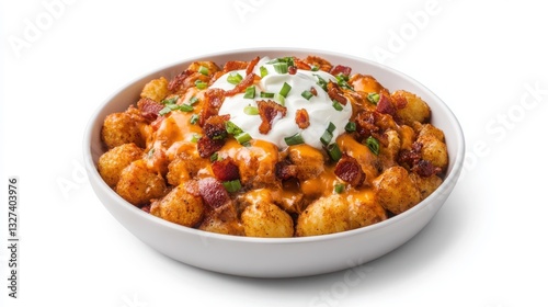 Loaded Tater Tots with Cheese, Bacon, Sour Cream, and Chives Garnish Scene