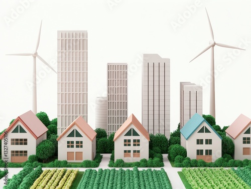 A modern cityscape featuring tall buildings and eco-friendly wind turbines alongside traditional houses and lush green fields.