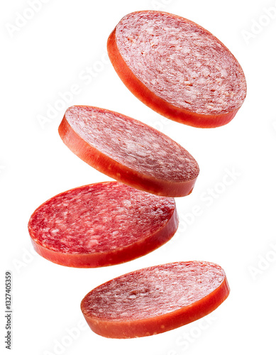 Slices of salami falling on transparent background