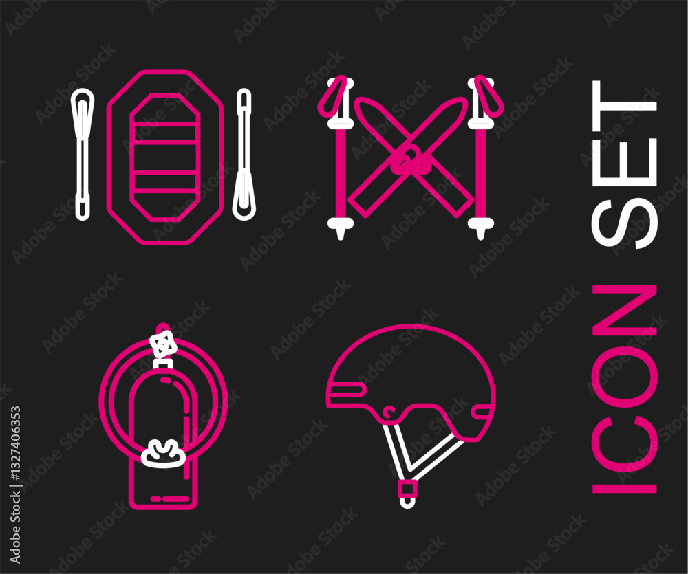 Set line Helmet, Aqualung, Ski and sticks and Rafting boat icon. Vector