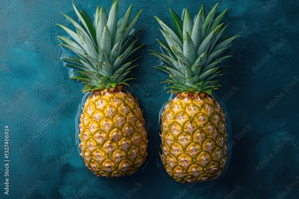 Pair of pineapples side by side displayed on a mottled turquoise blue surface Pair of pineapples side by side displayed on a mottled turquoise blue surface