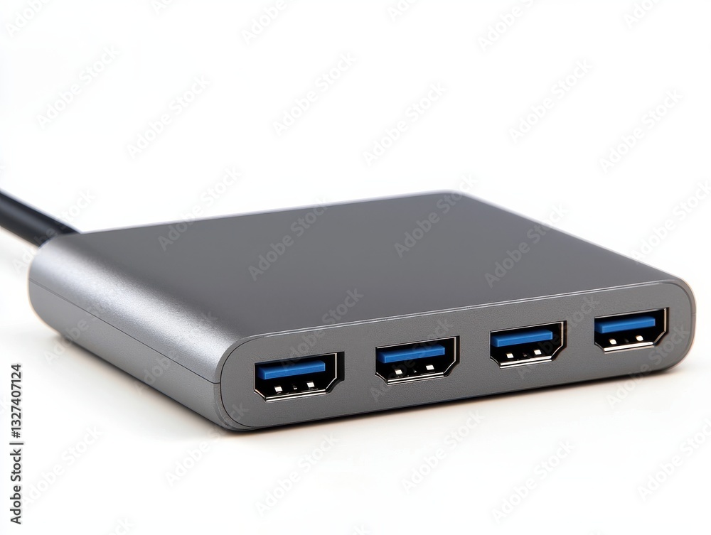 A sleek USB hub featuring four ports for connecting multiple devices, designed for efficient data transfer and charging. A sleek USB hub featuring four ports for connecting multiple devices, designed for efficient data transfer and charging.