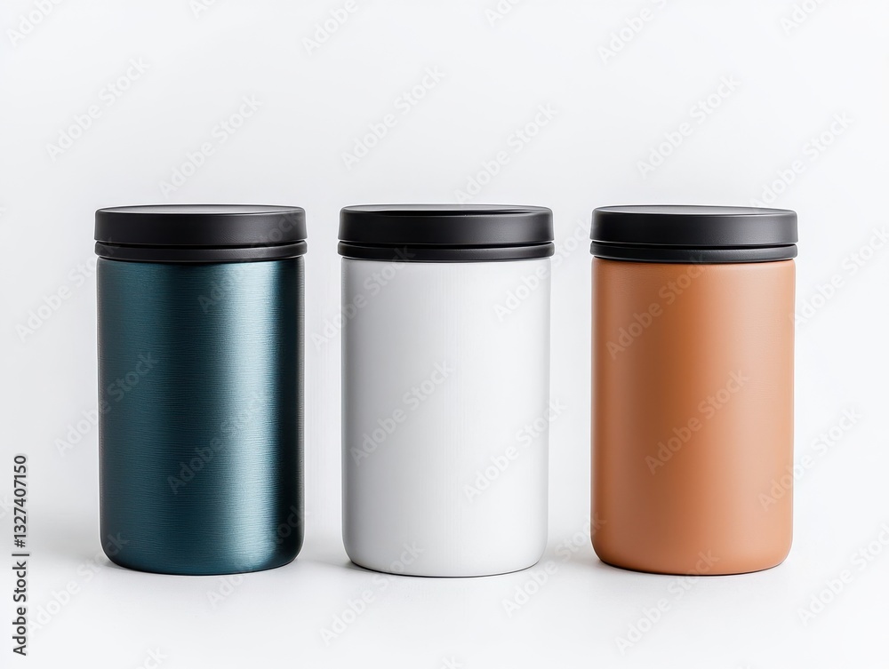 Three stylish, cylindrical containers in teal, white, and brown, each with a black lid, displayed against a clean white background. Three stylish, cylindrical containers in teal, white, and brown, each with a black lid, displayed against a clean white background.