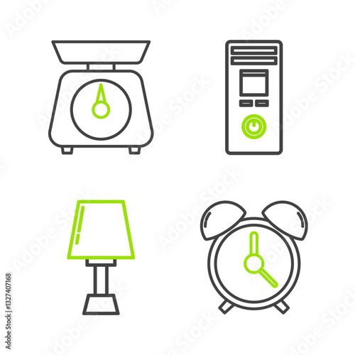Set line Alarm clock, Table lamp, Remote control and Scales icon. Vector