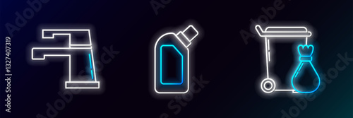 Set line Trash can, Water tap and Plastic bottles for liquid dishwashing liquid icon. Glowing neon. Vector