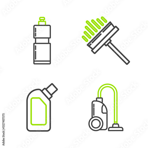 Set line Vacuum cleaner, Plastic bottles for liquid dishwashing liquid, Squeegee, scraper, wiper and icon. Vector