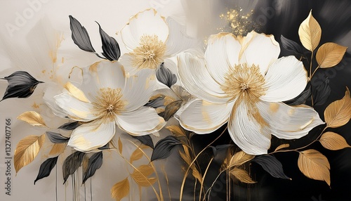 oil painting large flowers with gold accents beige background white and black tones elegant flower paintings modern minimalist style decorative art