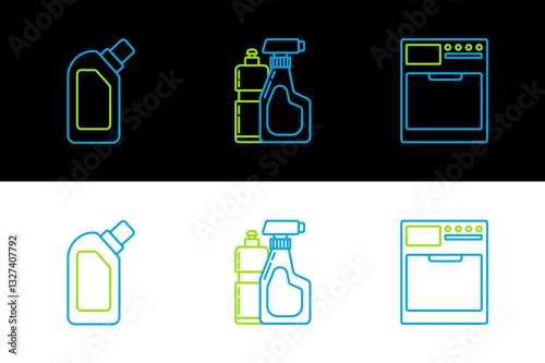 Set line Washer, Plastic bottles for liquid dishwashing liquid and icon. Vector