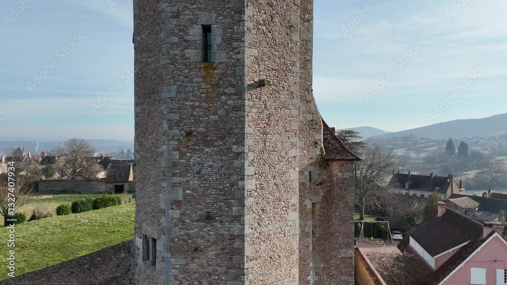 Aerial view of the Ursulines tower in the town of Autun in Burgundy, France Aerial view of the Ursulines tower in the town of Autun in Burgundy, France