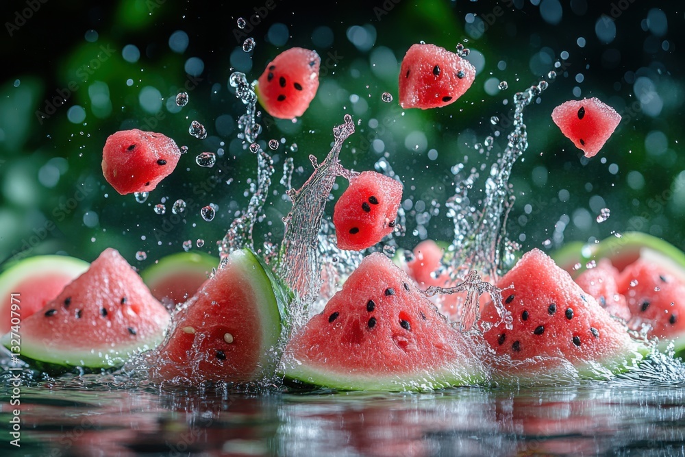 Fototapeta premium Watermelon Slices: Fresh juicy watermelon pieces in motion with refreshing water splashes
