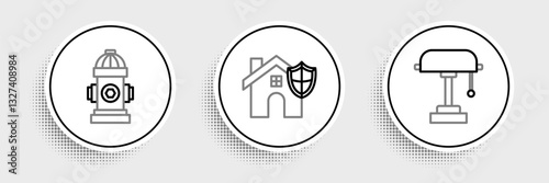 Set line Table lamp, Fire hydrant and House with shield icon. Vector