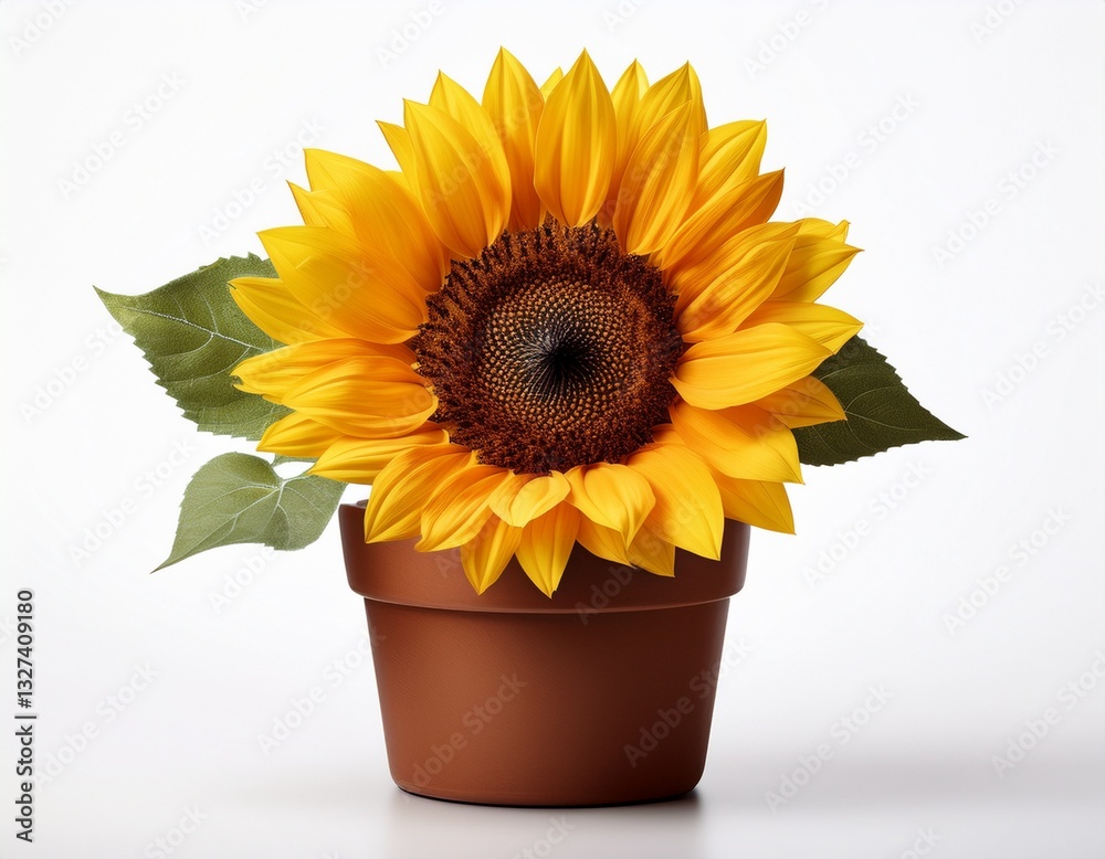 Obraz premium yellow sunflower in brown pot on white background