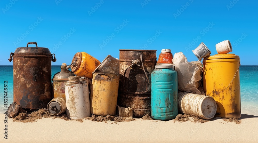 Rusty containers and bins are scattered on the sandy beach, reflecting neglect and pollution. clear blue sky contrasts with the debris, showcasing the environmental impact of waste Rusty containers and bins are scattered on the sandy beach, reflecting neglect and pollution. clear blue sky contrasts with the debris, showcasing the environmental impact of waste