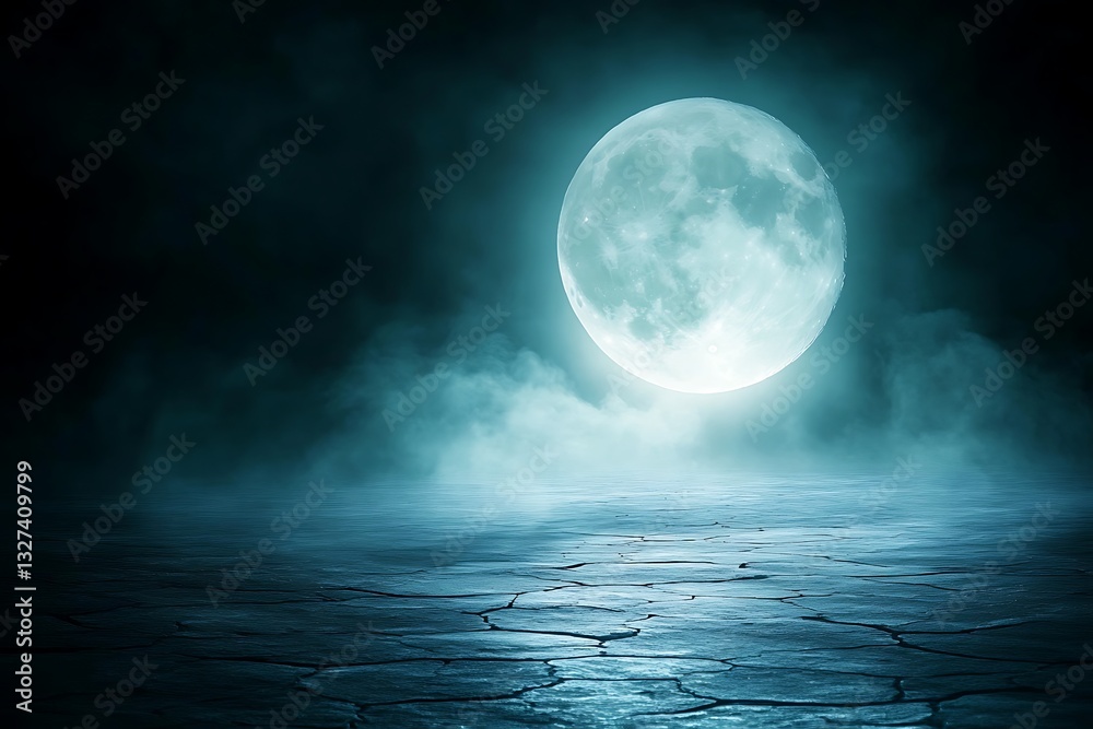Moon over cracked earth at night, smoky atmosphere Moon over cracked earth at night, smoky atmosphere