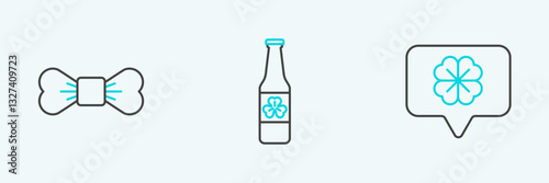 Set line Four leaf clover in speech bubble, Bow tie and Beer bottle with four icon. Vector