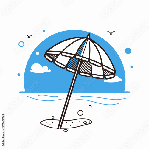 Umbrella on sandy beach with ocean waves in background