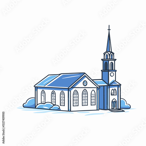 Hand-drawn blue church building with steeple