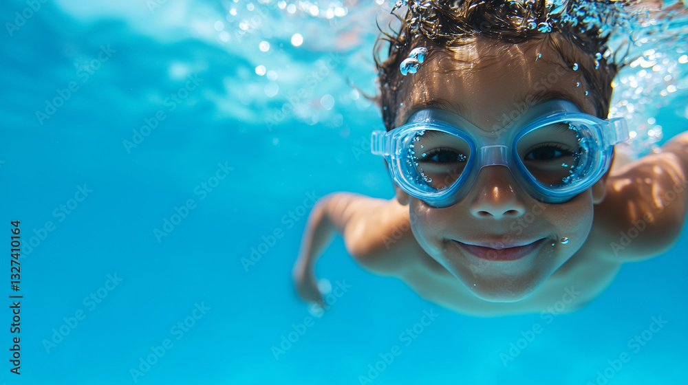 Fototapeta premium Child swimming alone in pool with fogged goggles under blue sky