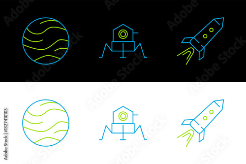 Set line Rocket ship with fire, Planet and Mars rover icon. Vector