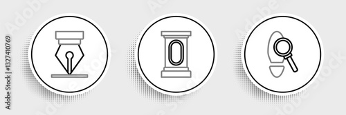 Set line Magnifying glass with footsteps, Fountain pen nib and Stage stand or debate podium rostrum icon. Vector