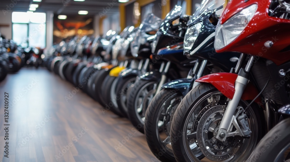 Fototapeta premium Row of Shiny Motorcycles in Dealership Showroom, Modern Vehicle Display with Red, Blue, and Yellow Accents on Wooden Floor