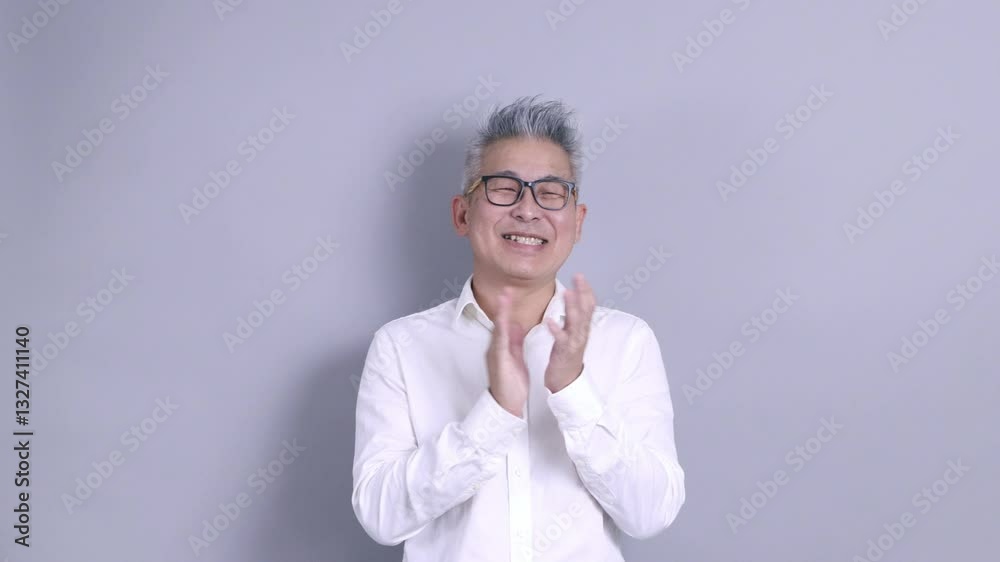 An East Asian senior businessman in a white shirt with glasses and grey hair is standing against a grey background. An East Asian senior businessman in a white shirt with glasses and grey hair is standing against a grey background.