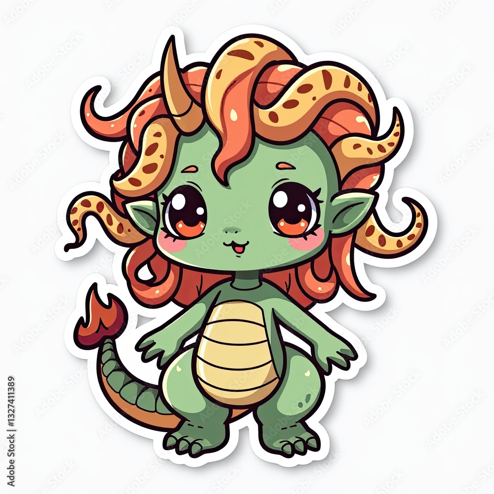 Obraz premium A cute green cartoon dragon with a funny and happy expression