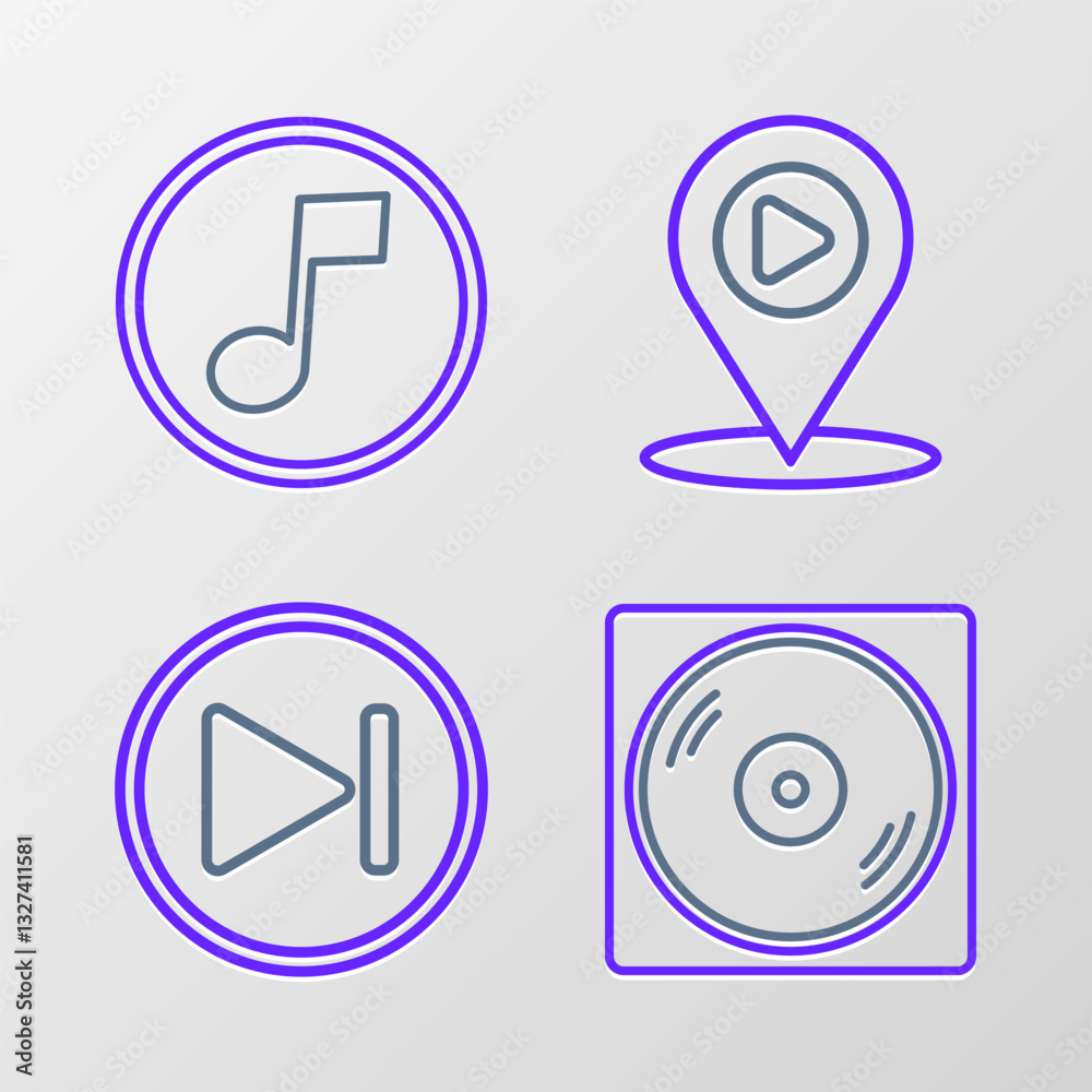 Set line Vinyl disk, Fast forward, Digital media play with location and Music note, tone icon. Vector Set line Vinyl disk, Fast forward, Digital media play with location and Music note, tone icon. Vector