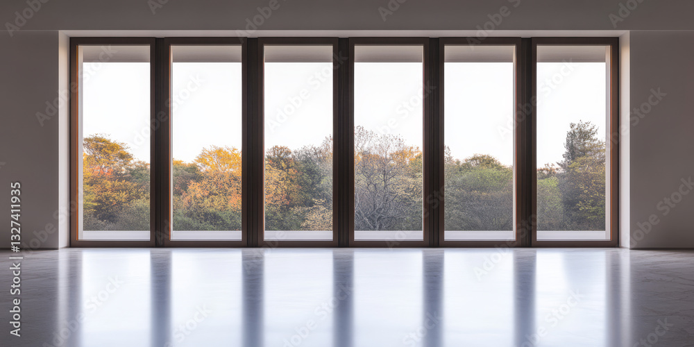 Fototapeta premium Spacious modern interior with large windows showcasing lush autumn landscape