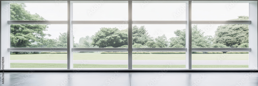 Naklejka premium Bright rooms with large windows revealing lush green landscape outside