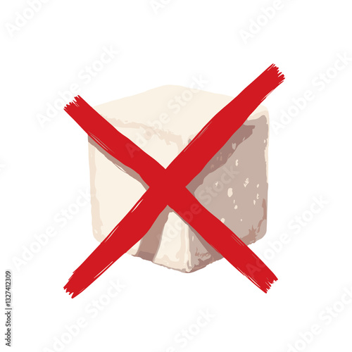 Losing weight. Sugar cube with red cross symbolizing cutting down on sugar, health