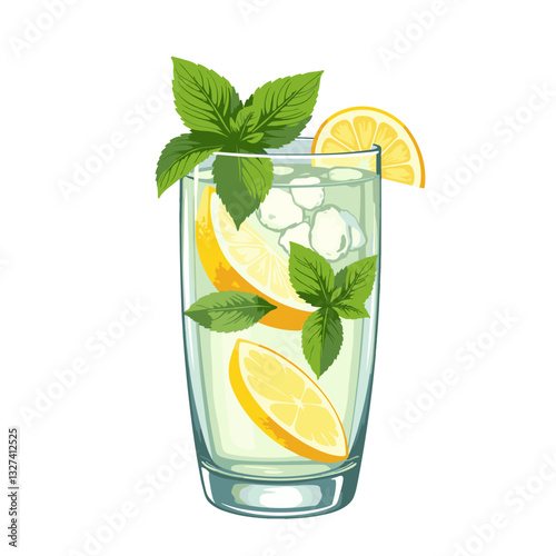 Losing weight. Detox water refreshing beverage illustration with lemon and mint, wellness