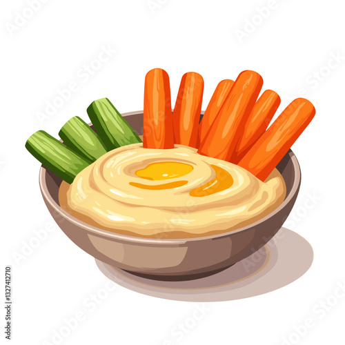 Losing weight. Hummus dish with carrot and cucumber sticks, healthy snacking concept