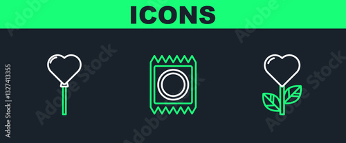 Set line Heart shape in a flower, Balloons form of heart and Condom package icon. Vector